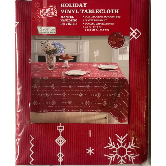 Christmas Vinyl Tablecloth 52 x 70 Red Holiday Decorations In & Outdoor Oblong - Picture 2 of 4